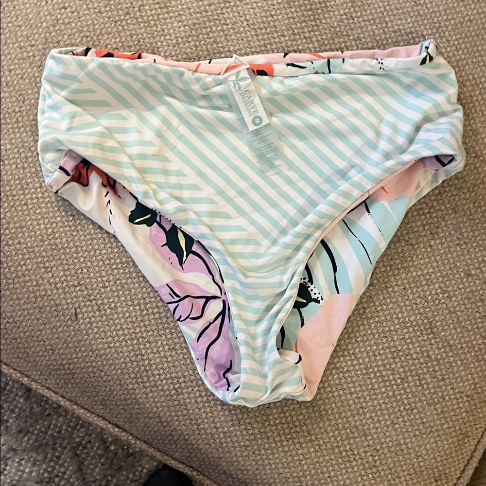 Carve Designs Women's Bikini Bottom in Light Blue Stripe and Floral Pink